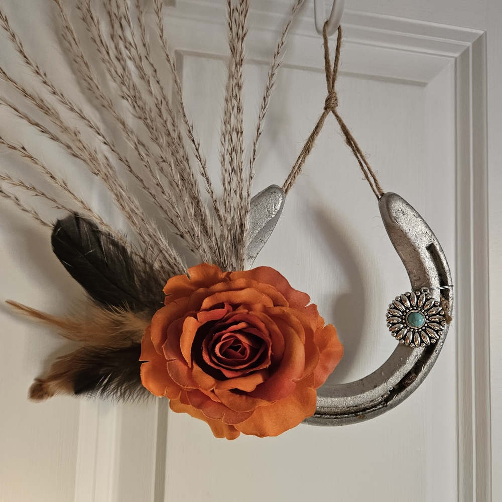 Silver Horseshoe Wall Accent with Orange Rose